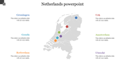 Grayscale Netherlands map with six colored dots in blue, red, green, purple, teal, and orange, linked to text on both sides.