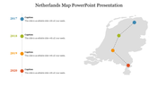PowerPoint slide with a Netherlands map showing four points corresponding to the years 2017 to 2020 with captions.