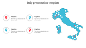 Italy map presentation template with location markers and caption sections for key points.