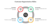 Customer segmentation chart featuring a gray ring with icon and text for geographic, demographic, psychographic, and segment.