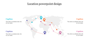World map graphic with curved arrow paths connecting location pins and dots, with four text captions around the slide.