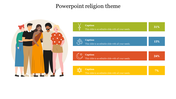 Religion slide showing a diverse group of people and four horizontal bars with cross, om, crescent, and star of David icons.