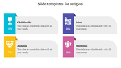Religion slide with colorful segmented blocks, each showing a symbol, percentage, and description for four major religions.