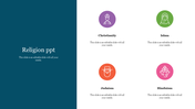 Religion slide with icons representing Christianity, Islam, Judaism, and Hinduism on a white background.