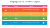 Religion grid layout with rows for four faiths, each showing an icon, label, descriptive text, and circular status symbol.