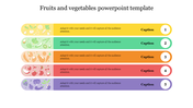 Colorful horizontal bars with fruit and vegetable icons, each labeled with captions from 1 to 5 in a numbered circle.