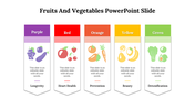 Colorful fruits and vegetables slide featuring categories from Purple to Green with placeholder text.