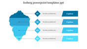 Blue iceberg PowerPoint template with numbered sections and caption placeholders for your content on a white backdrop.