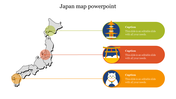 Gray Japan map with three circular highlighted areas connected to green, red, and orange captions featuring cultural icons.