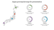 Japan map PowerPoint slide with color coded percentage circles for visual presentation with captions on a white backdrop.