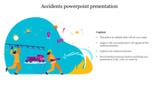 Accidents themed PowerPoint slide with firefighters and rescue equipment, highlighting urgency and emergency response.