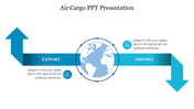 Illustration of global air cargo flow with arrows indicating export and import directions, centered on a world map.