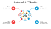 Professional PowerPoint slide showing a situation analysis diagram with color coded icons for different business processes.