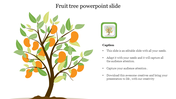 Slide featuring an illustration of a fruit tree on the left with an icon and caption area on the right.
