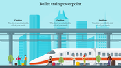 A sleek bullet train at a station with passengers waiting and city buildings in the background, under a blue sky.