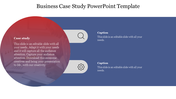 Business case study slide with a red circular overlay, and dark blue background, featuring two text placeholders.
