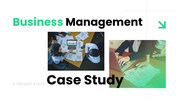 Business management case study presentation template with charts, team analysis, strategy, and results overview.