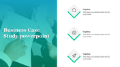Business case study layout with a blue overlay image and three diamond icons with captions on the right.