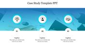 Three step case study slide with circular icons for idea, puzzle, and handshake above sections and caption areas below.