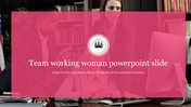 Three women in business attire working together at a desk, overlaid with a pink box and a team icon at center.
