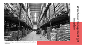 Warehouse management PowerPoint template with a large, organized warehouse and pallets on a black and white theme.