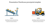 Warehouse scene with a worker handling items on a conveyor belt and a forklift operator moving goods.