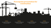 Urban construction illustration featuring cranes lifting materials, workers in action, and editable captions below.