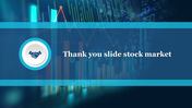 Blue themed thank you slide featuring stock market graphics with a handshake icon and a message about the stock market.