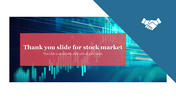 Thank you slide with a red text box over a stock market chart background, and a blue section with a handshake icon.
