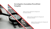 Investigative journalism template featuring a magnifying glass on a laptop keyboard, with placeholder text areas.