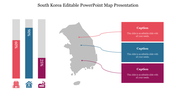South Korea Map with percentage bars, gray map outline, and colored captions with markers placed in a white backdrop.