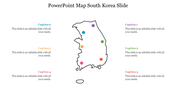 South Korea map outline with six location markers in purple, green, orange, pink, yellow, and blue, linked to captions.