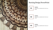 Burning Design template with a close-up of woodburned mandala design, three numbered caption areas.