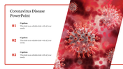 Coronavirus slide with three numbered captions on the left and a red-toned virus cell graphic on the right.