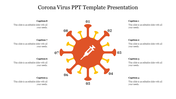 Corona Virus slide featuring a red virus icon with eight symmetrical arms and caption areas on both sides.