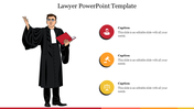 PowerPoint slide featuring a lawyer holding a book, with space for multiple captions on the right side with icons.