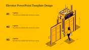Isometric illustration of a person entering an elevator on a yellow background, with three numbered text on the left.