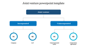 Hierarchy diagram with blue boxes and numbered circular nodes, illustrating joint venture types and subcategories.