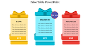 Colorful pricing slide with ribbon gift boxes for Basic, Premium, and Standard plans, each showing features and pricing.
