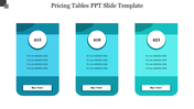Blue themed pricing table slide featuring three price points and a Buy Now button with placeholder text on a white backdrop.