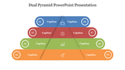 Dual pyramid PowerPoint slide with eight sections labeled with captions and icons, layered in colorful levels.