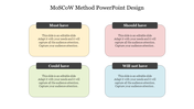 Visual breakdown of MoSCoW method using color-coded boxes to display project prioritization levels.
