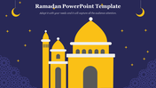 Yellow mosque illustration with domes and minarets, surrounded by stars and crescent moons on a navy blue background.