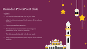 Mosque illustration with yellow and white details, with hanging stars and lanterns on a maroon backdrop.