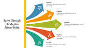 Sales strategy layout showing a vertical line and diverging arrows with distinct icons for strategic focus areas.