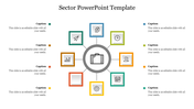 Sector PPT slide featuring a central icon of a briefcase surrounded by eight colorful squares with icons and captions.
