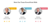 Meet our team slide with three circular profile images, name tags in yellow, blue, and red, and social media icons below.