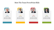Meet the team PPT slide with headshots, names, and destination placeholders in colorful boxes on a white backdrop.