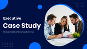 Executive Case Study PowerPoint Template with blue theme, team meeting visual, icons, shapes, and clean text layout design.