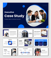 Executive Case Study PowerPoint Template with blue theme, team meeting visual, icons, shapes, and clean text layout design.